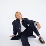 The Nico Selvedge Denim Jacket in Navy with Italian Leather Collar